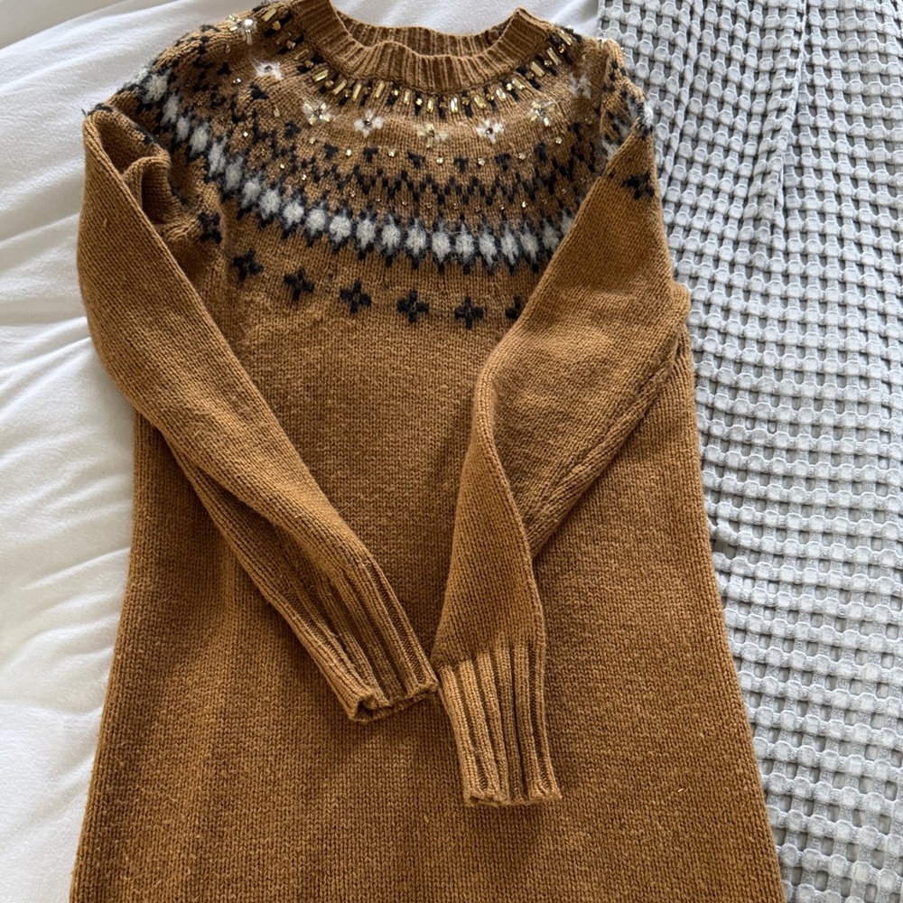 J. Crew Brown Long Sleeve Dress with Black and White Pattern